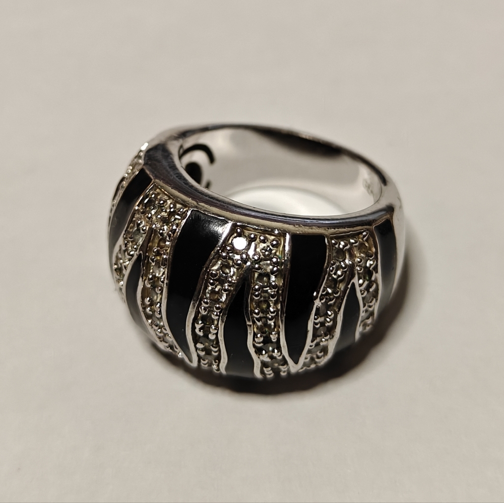 Sparkly Zebra Patterned Black Enamel & Clear Crystals Ring Signed GEP